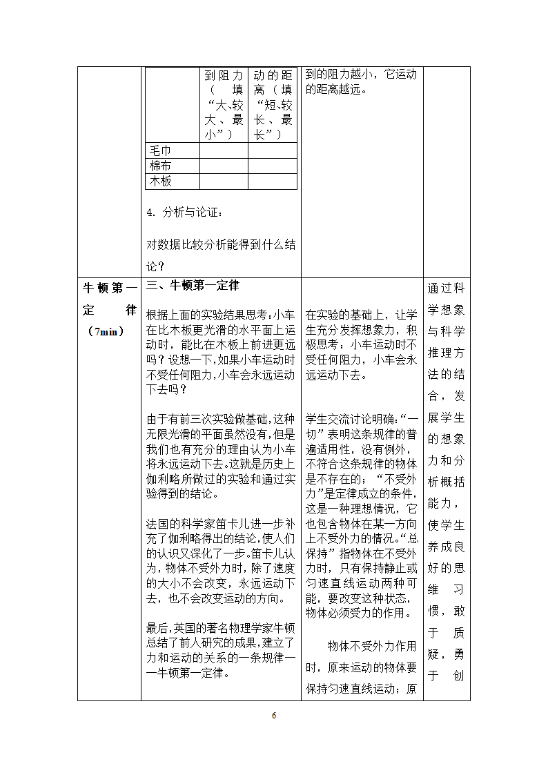 北师大版物理八年级下册 7.7 牛顿第一定律 教案（表格式）.doc第6页