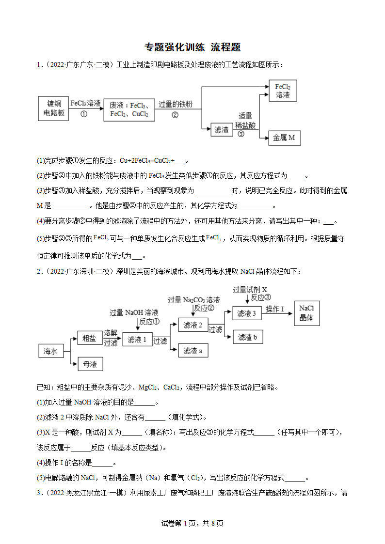 专题强化训练 流程题——2022年中考化学二轮训练卷（人教版）（word版有答案）.doc第1页