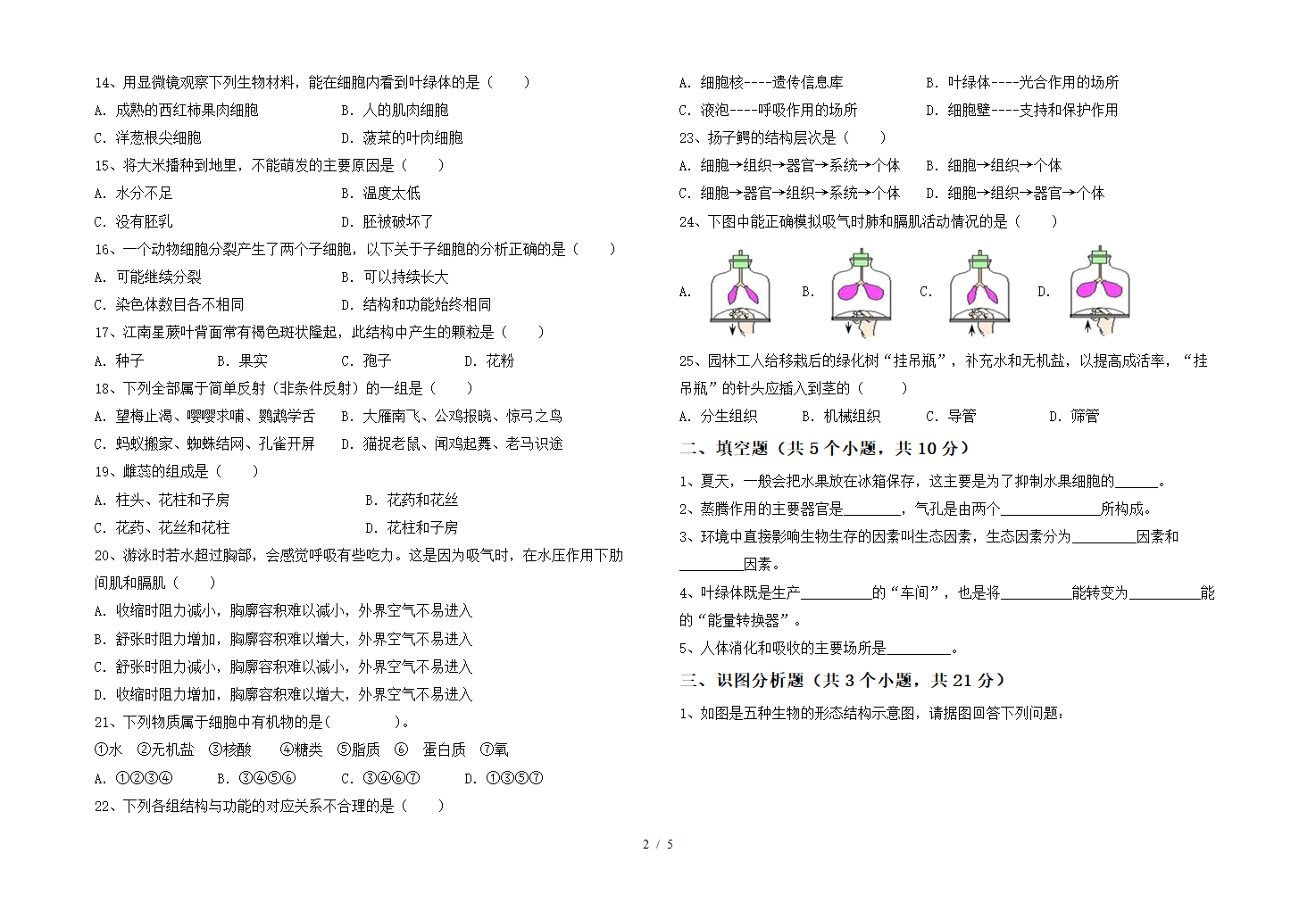 七年级生物下册期中考试(完整版)（含答案）.doc第2页