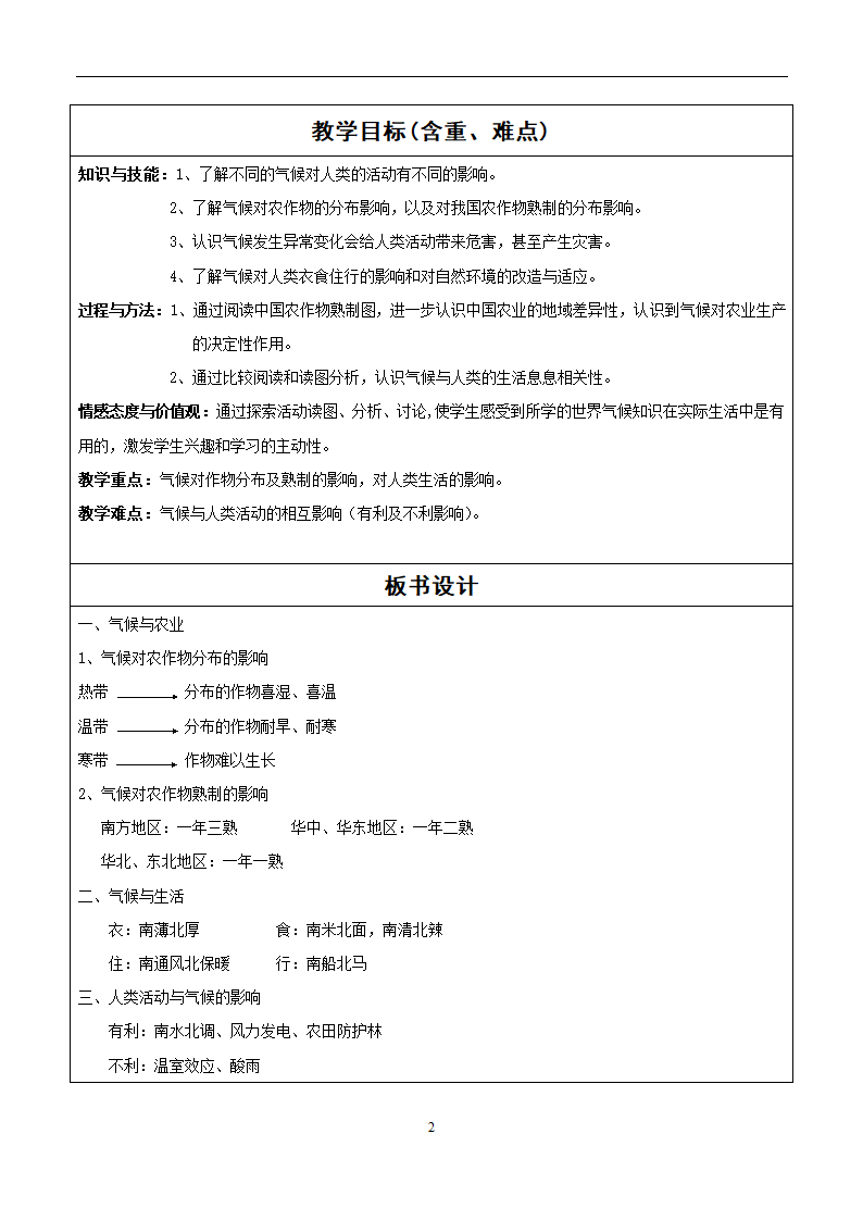 中图版八年级地理上第二章 第三节气候与人类活动 教学设计（表格式）.doc第2页