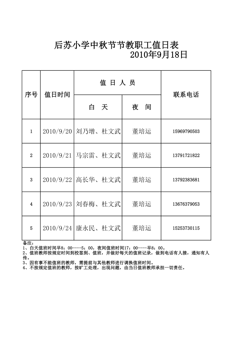 中秋、国庆值日表第1页