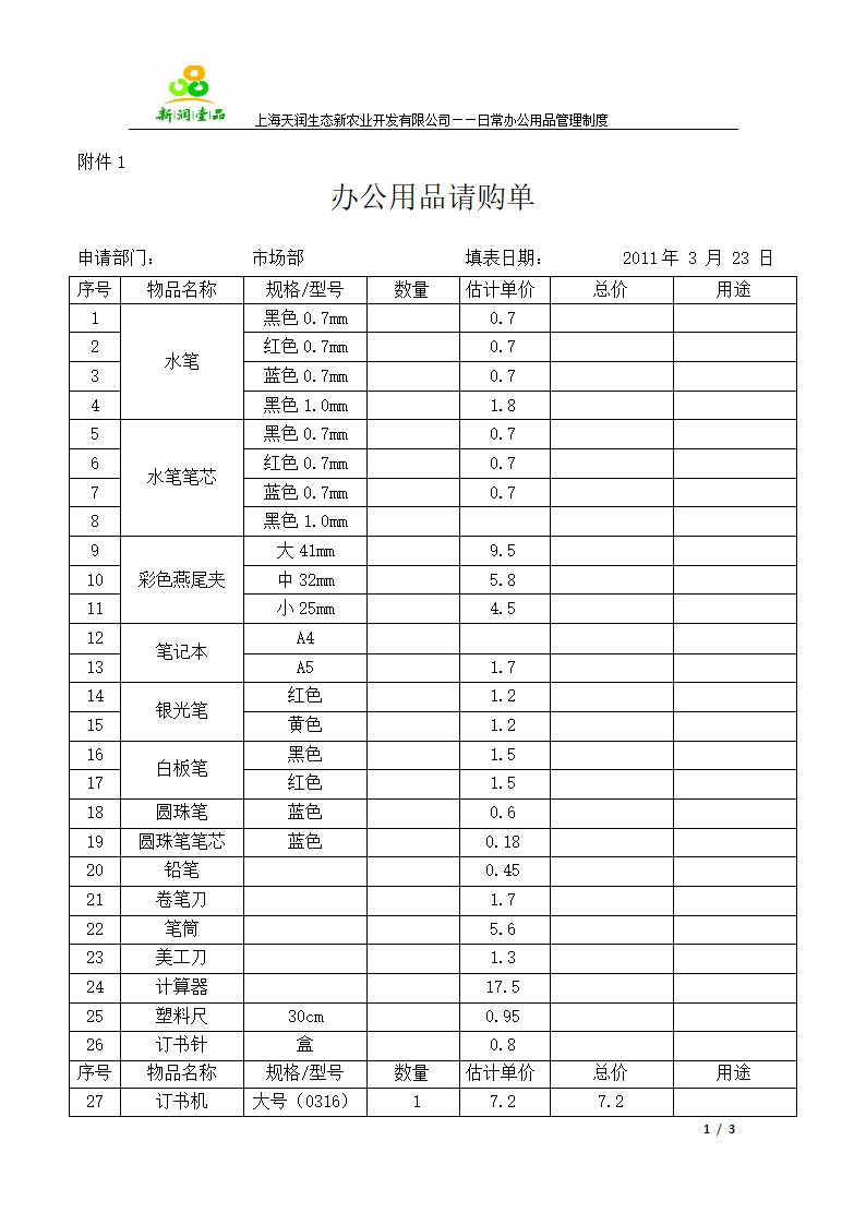 办公用品汇总表第1页