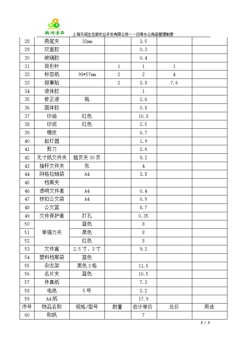 办公用品汇总表第2页