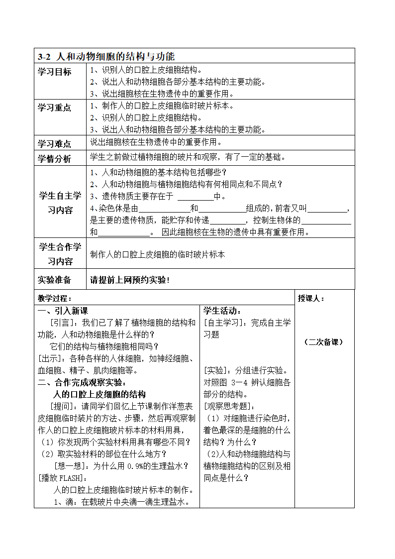 苏教版七上生物 3.2人和动物细胞的结构和功能  导学案.doc第1页