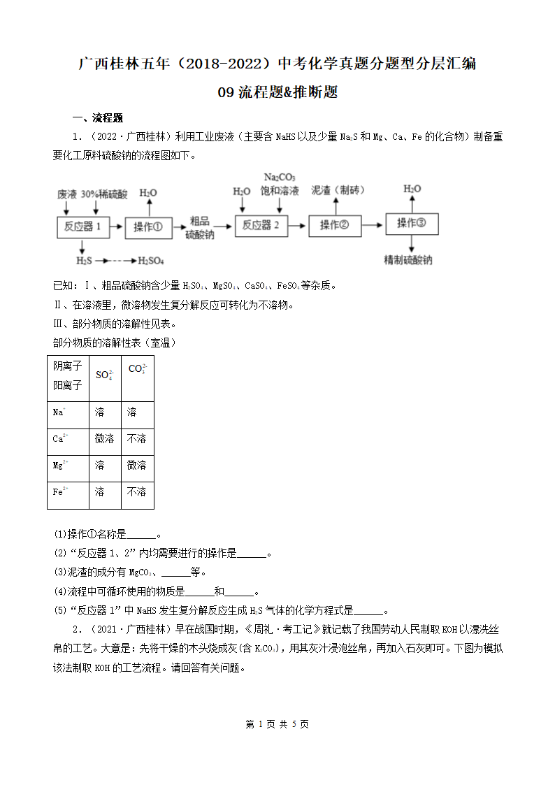 广西桂林五年（2018-2022）中考化学真题分题型分层汇编-09流程题&推断题 (word版   有解析).doc第1页