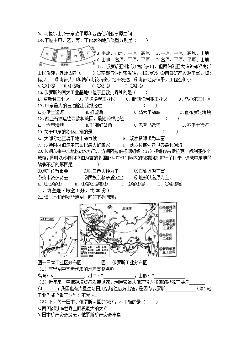 辽宁省盘锦市育才学校2021-2022学年七年级下学期期中测试地理试卷（无答案）.doc第2页