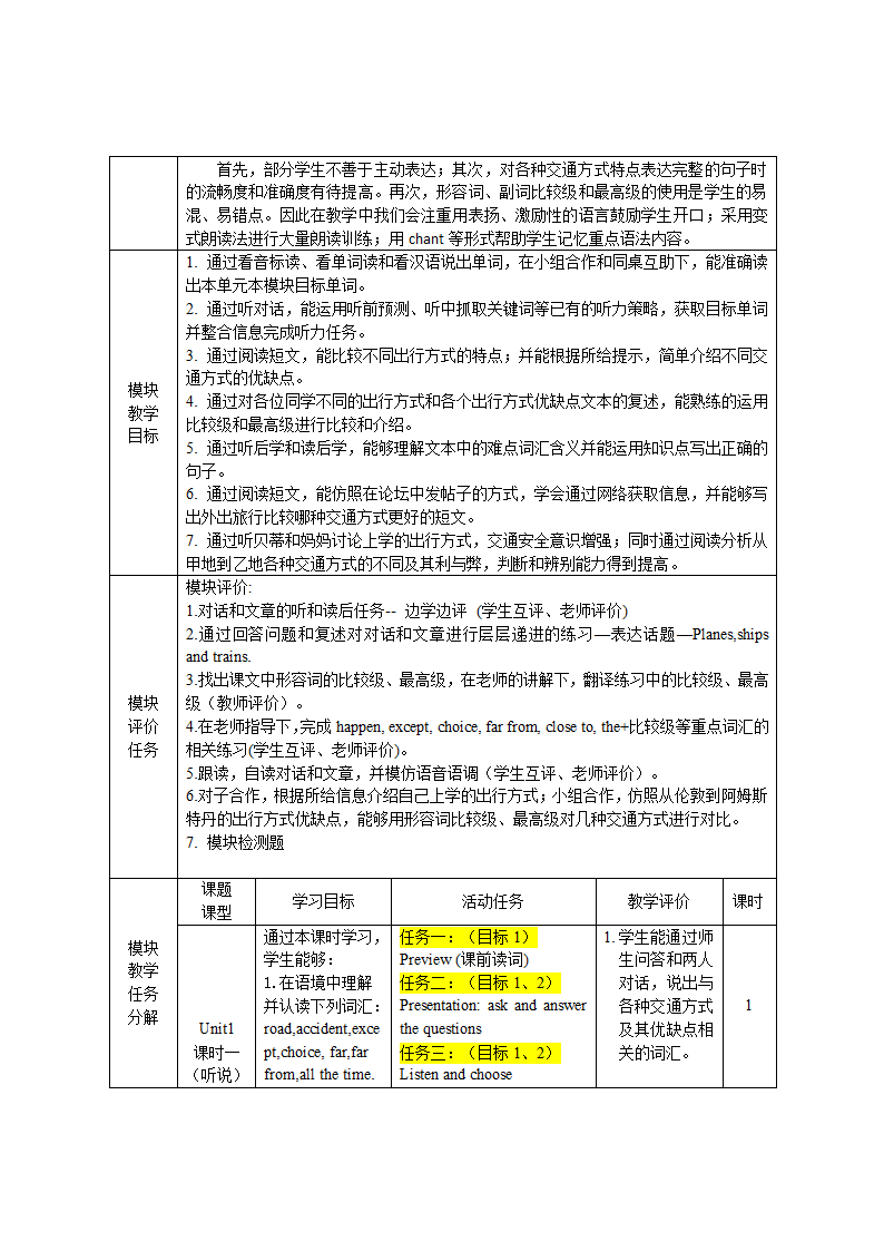 外研版八年级英语上册 单元备课卡Module 4 Planes, ships and trains .（表格式教案）.doc第2页