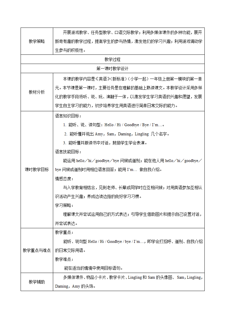 小学英语外研版（一年级起点）一年级上册 Module 1 教案（表格式，共3课时）.doc第2页