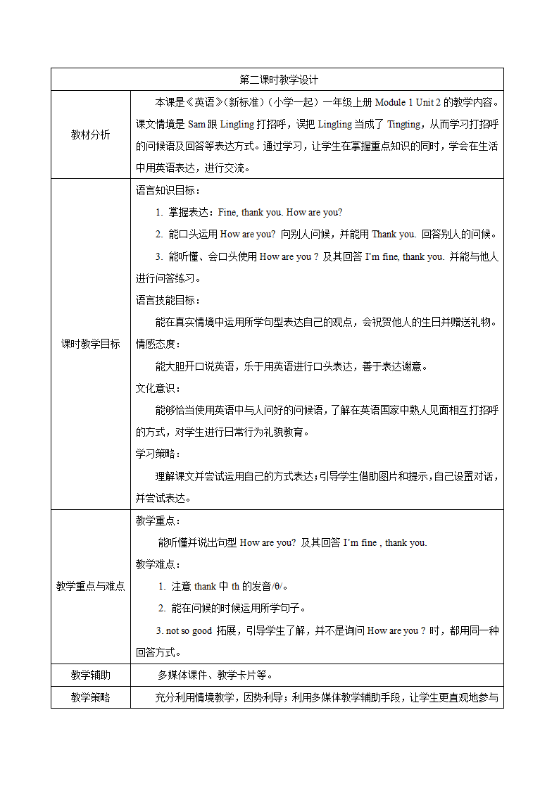 小学英语外研版（一年级起点）一年级上册 Module 1 教案（表格式，共3课时）.doc第6页