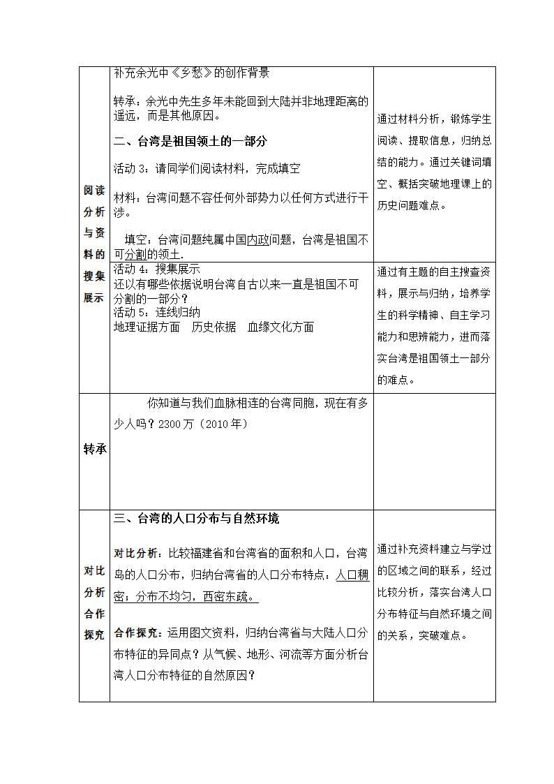 人教版八年级地理下册  第七章第四节祖国的神圣领土——台湾省（一）教案（表格式）.doc第3页