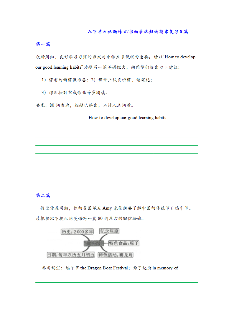 2021-2022学年鲁教版英语八年级下册话题作文(书面表达)归纳期末复习 （含答案）.doc第1页