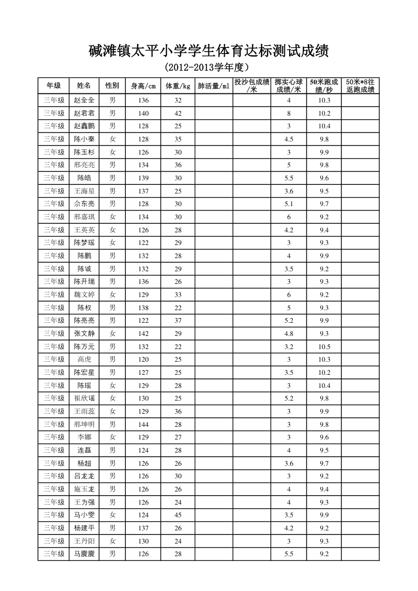 体育达标成绩单第3页