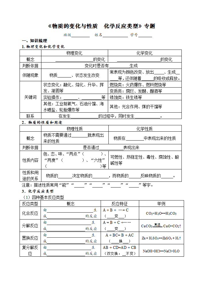 物质的变化和性质   化学反应类型 考点测试 2021年中考化学专题复习.doc第1页