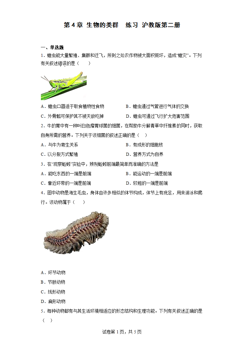 沪教版生命科学第二册第4章 生物的类群 练习 （附答案）.doc第1页