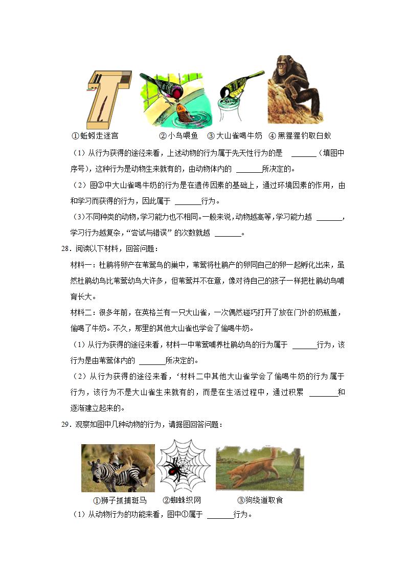 北师大版生物八年级上册第16章 动物的行为 训练题.doc第5页