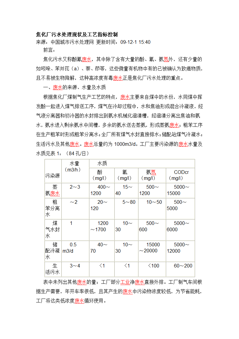 焦化厂污水处理现状及工艺指标控.doc第1页