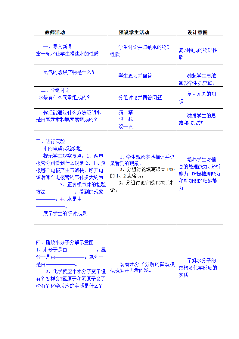 九年级化学人教版上册 4.3 水的组成 教案(表格式).doc第2页