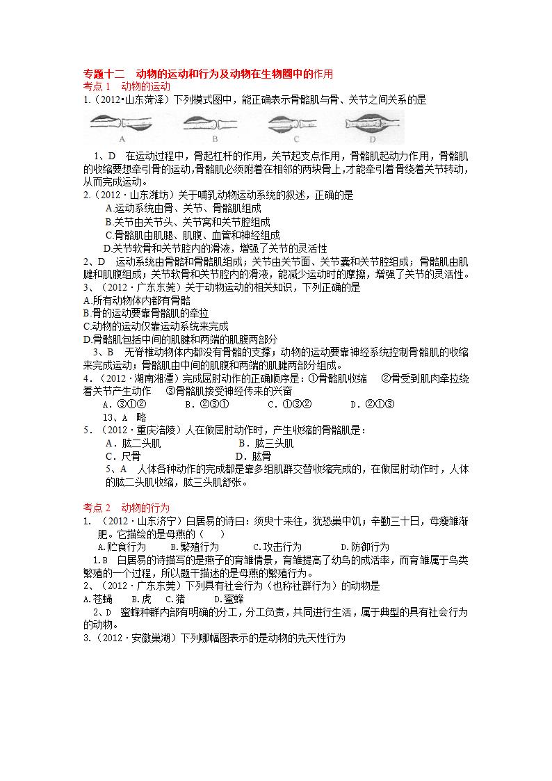 2012生物中考分类汇总  专题十二  动物的运动和行为及动物在生物圈中的作用.doc第1页