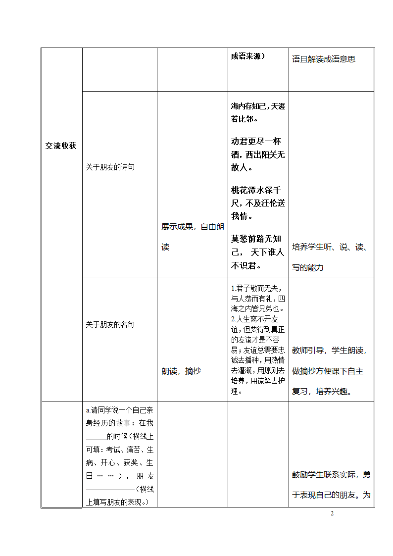 人教部编版语文七上第二单元综合性学习《有朋自远方来》表格教案.doc第2页