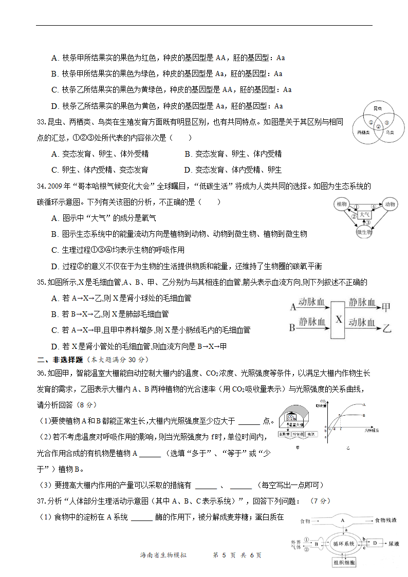 2021年海南省初中学业水平生物模拟测试（一）（word版 含答案）.doc第5页