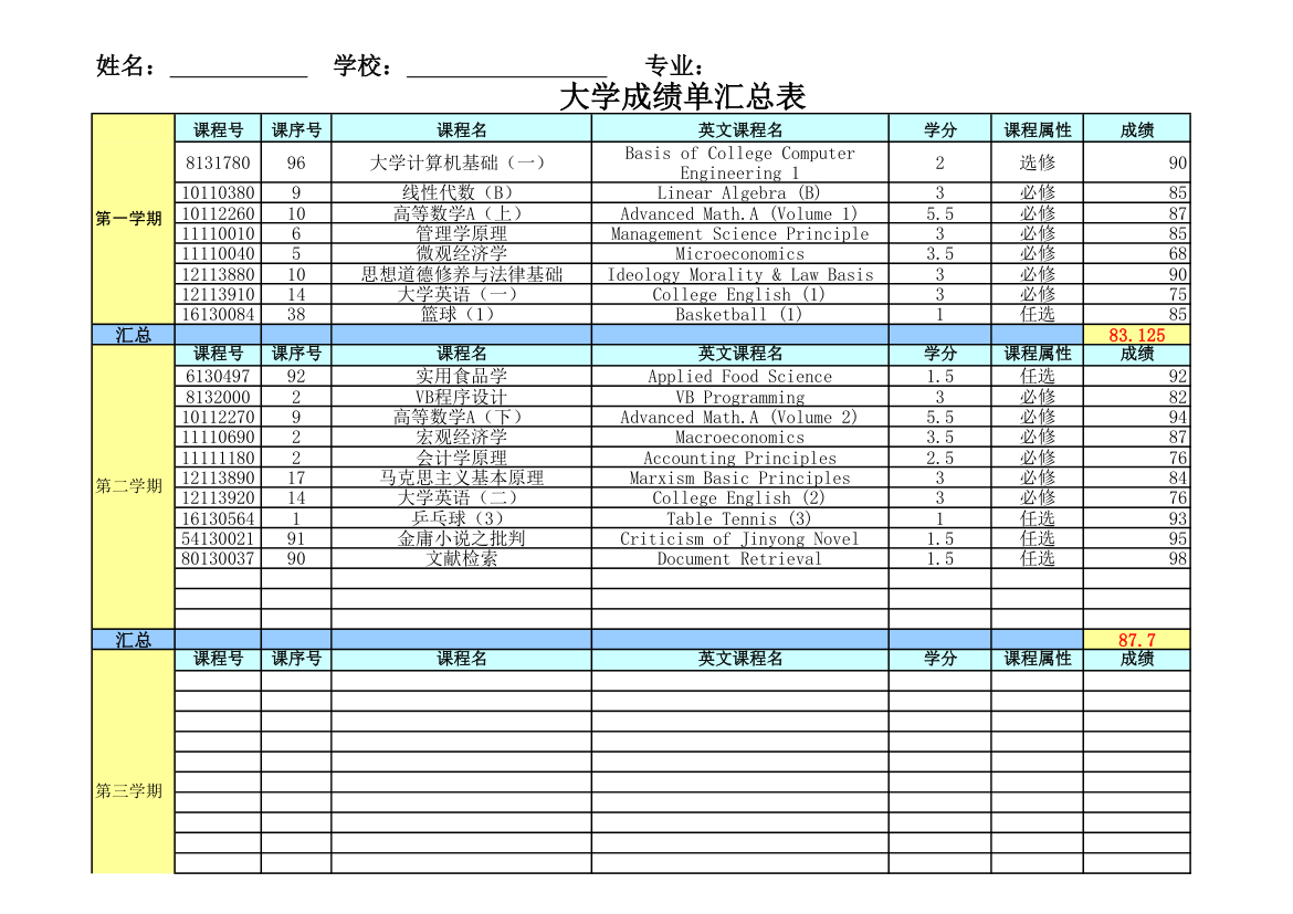 大学成绩单汇总表第1页