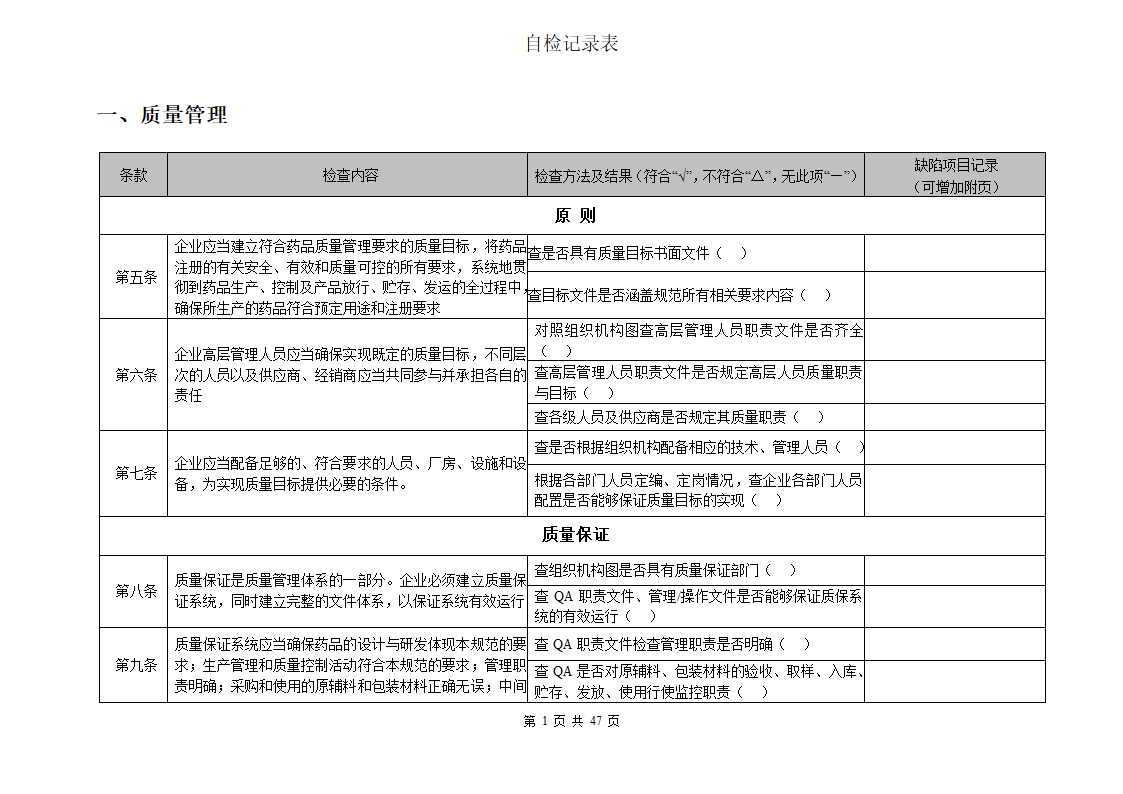 自检检查表