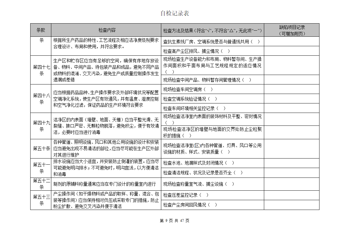 自检检查表第9页