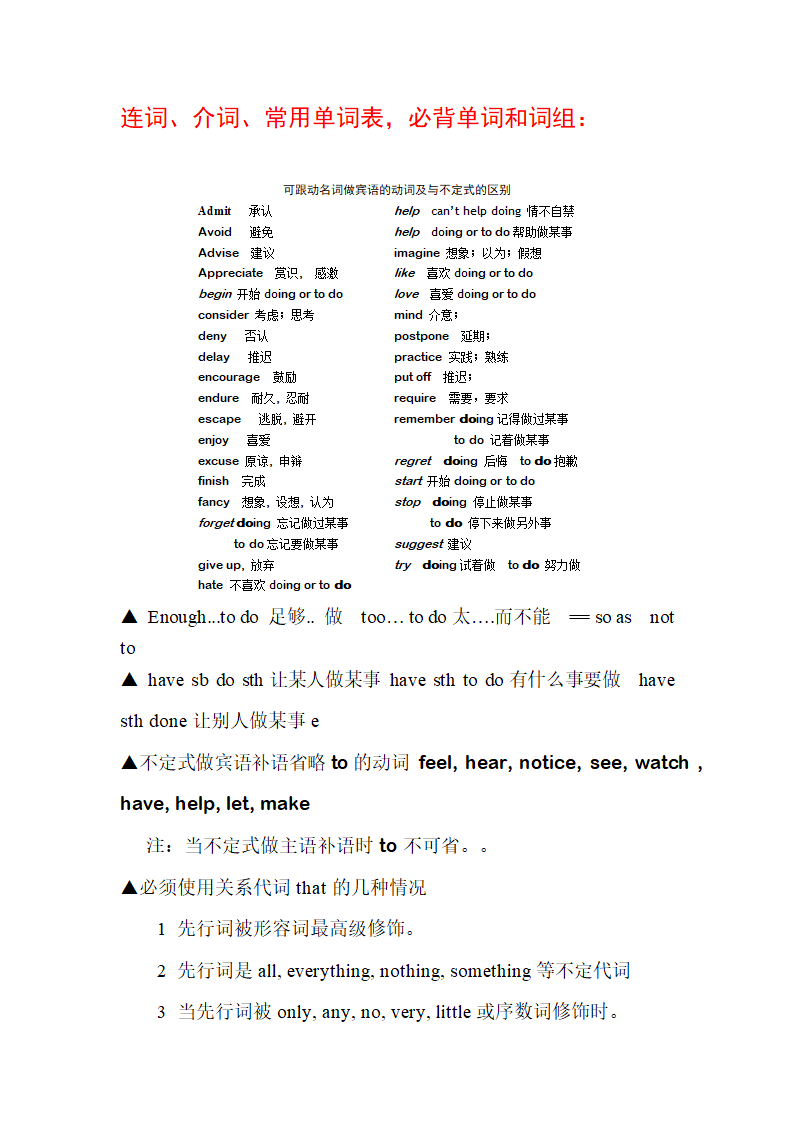 连词、介词、常用单词表,必背单词和词组第1页