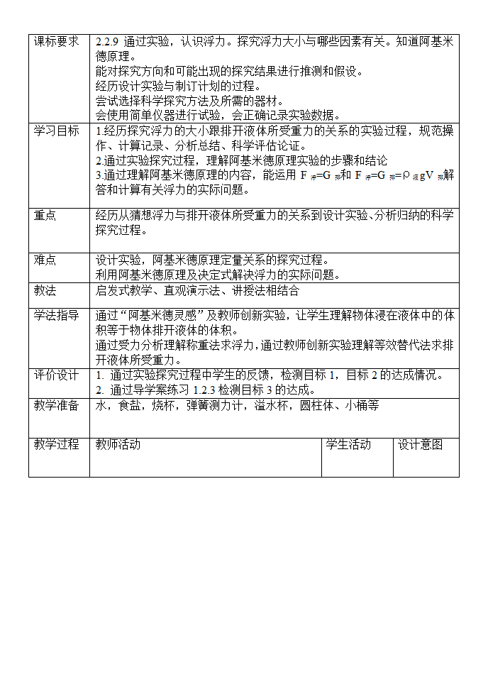 人教版 初中物理 八年级下册 第十章 浮力 10.2阿基米德原理 教学设计.doc第3页