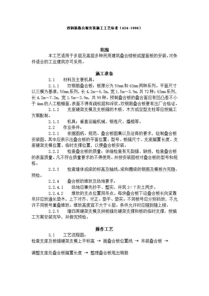 双钢筋叠合板安装施工工艺标准（424-1996）.doc第1页