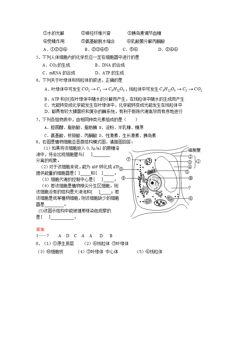 2012届高三生物二轮复习极限突破：专题一 细胞的分子组成与结构.doc第6页