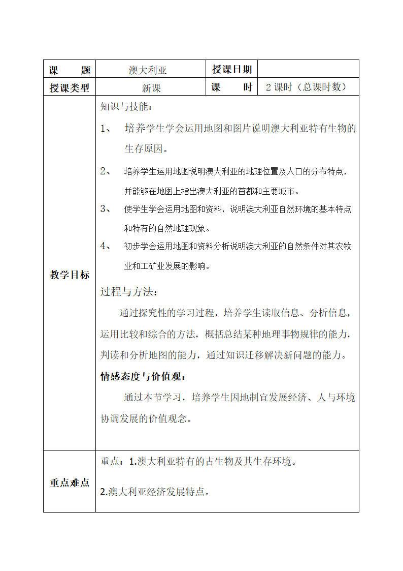 晋教版七下地理 10.3澳大利亚 大洋洲面积最大的国家  共2课时 教案（表格式）.doc