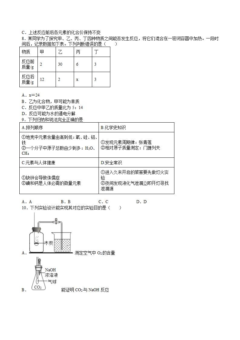 九年级化学人教版上册期末总复习质量测试卷一（无答案）.doc第2页