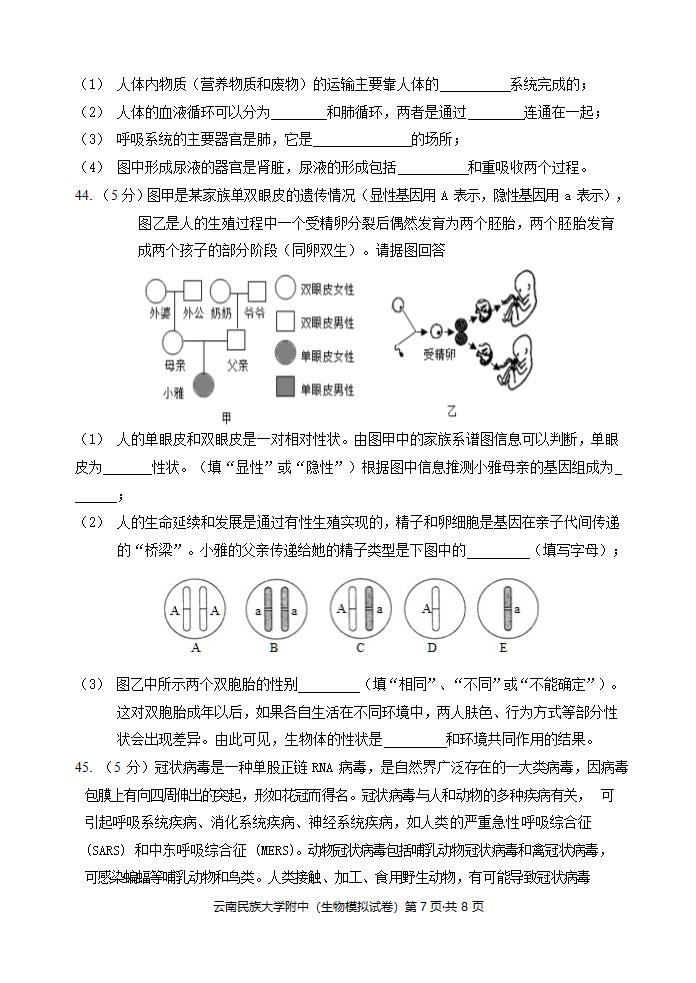 2022云南民族大学附中中考生物学模拟卷（Word版无答案）.doc第7页