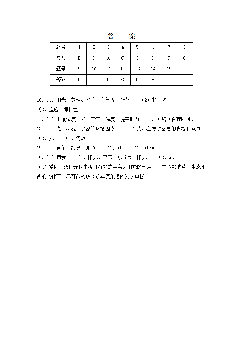 冀教版7.1生物与环境的关系基础测试卷（含答案+答题卡）.doc第7页