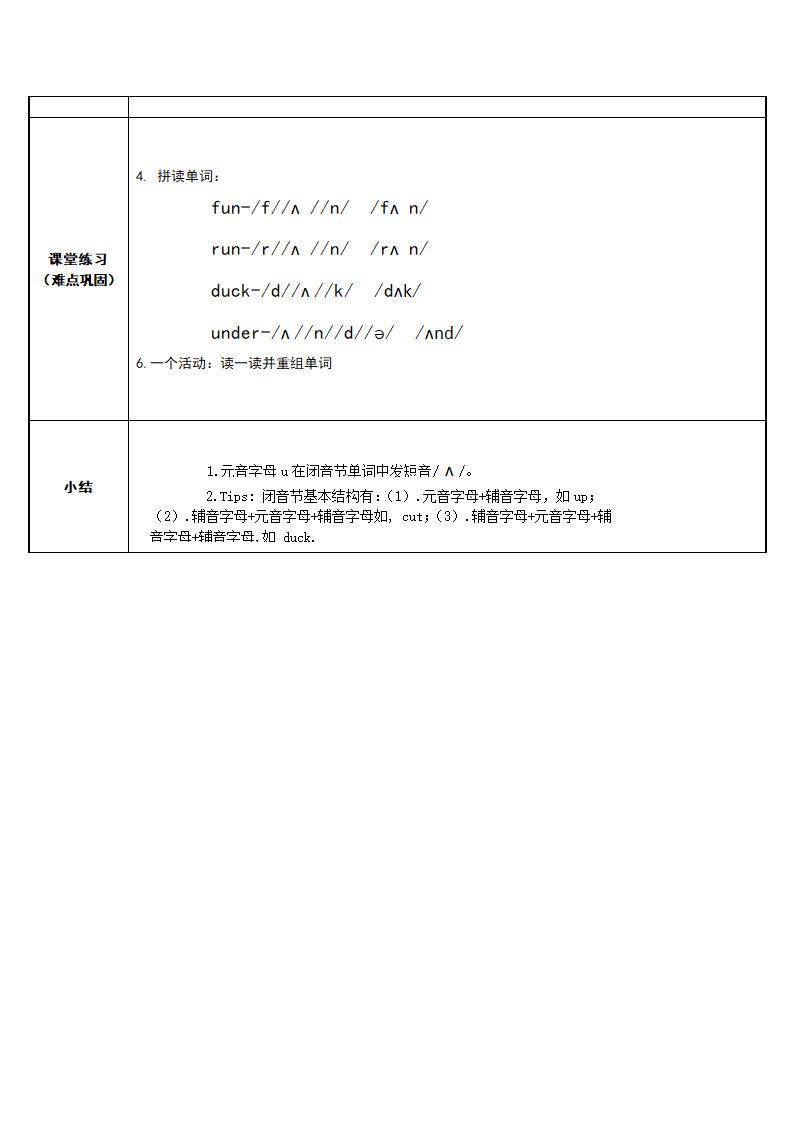 英语人教版（PEP）三年级下册 趣学元音字母u发短音 表格式教案.doc第2页