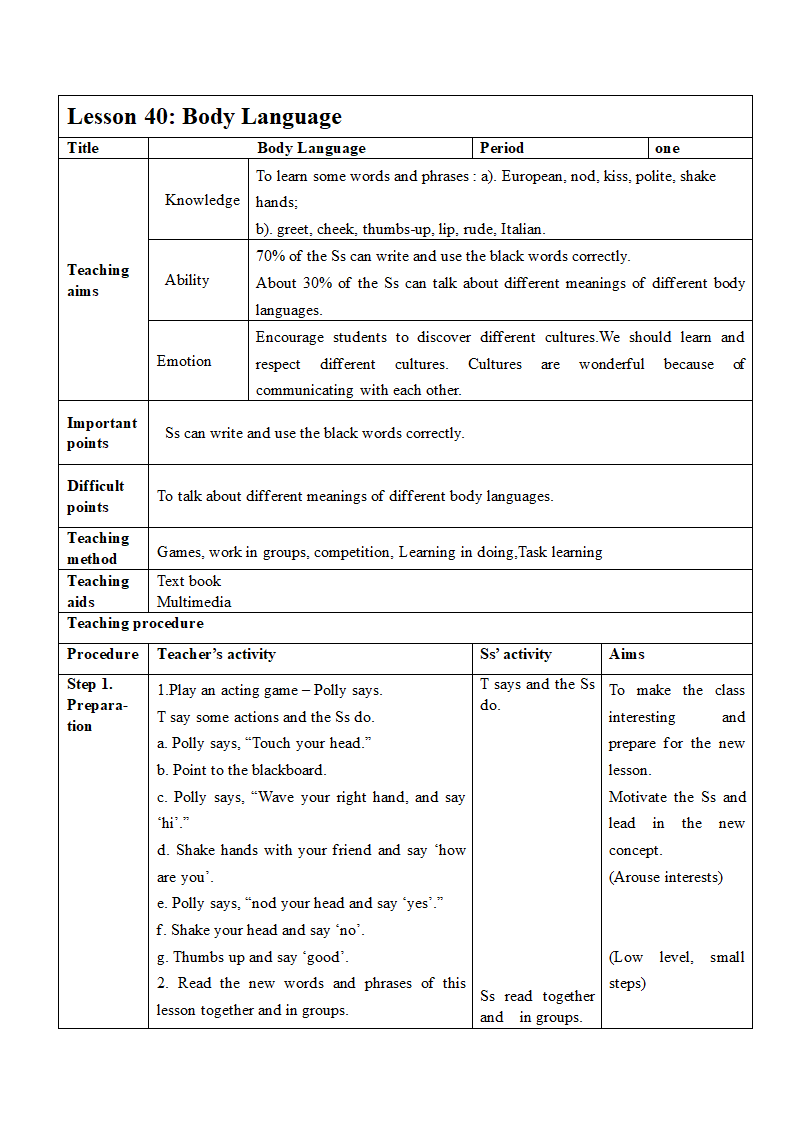 冀教版英语八年级下Unit 7 Know Our World Lesson 40 Body Language教案（1课时）.doc第1页