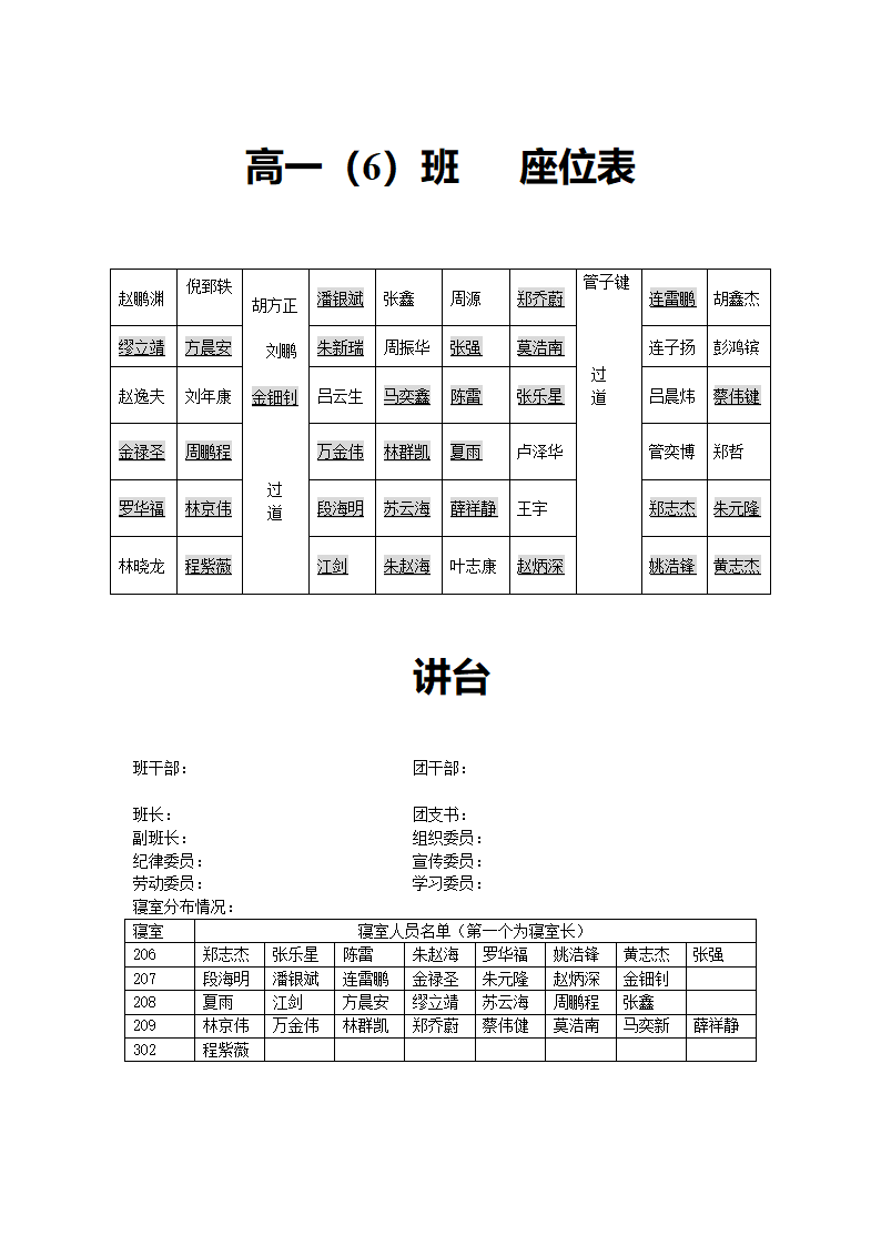 一六班座位安排表