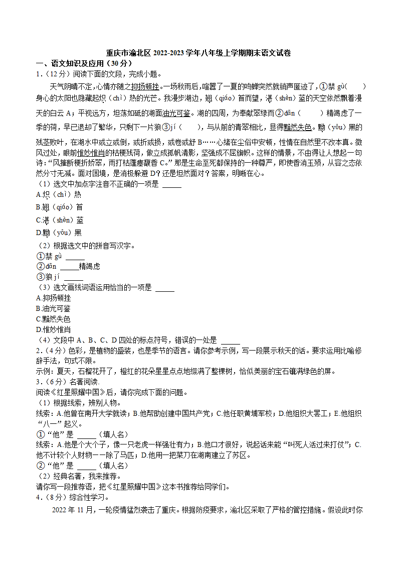 重庆市渝北区2022-2023学年八年级上学期期末语文试卷（解析版）.doc第1页