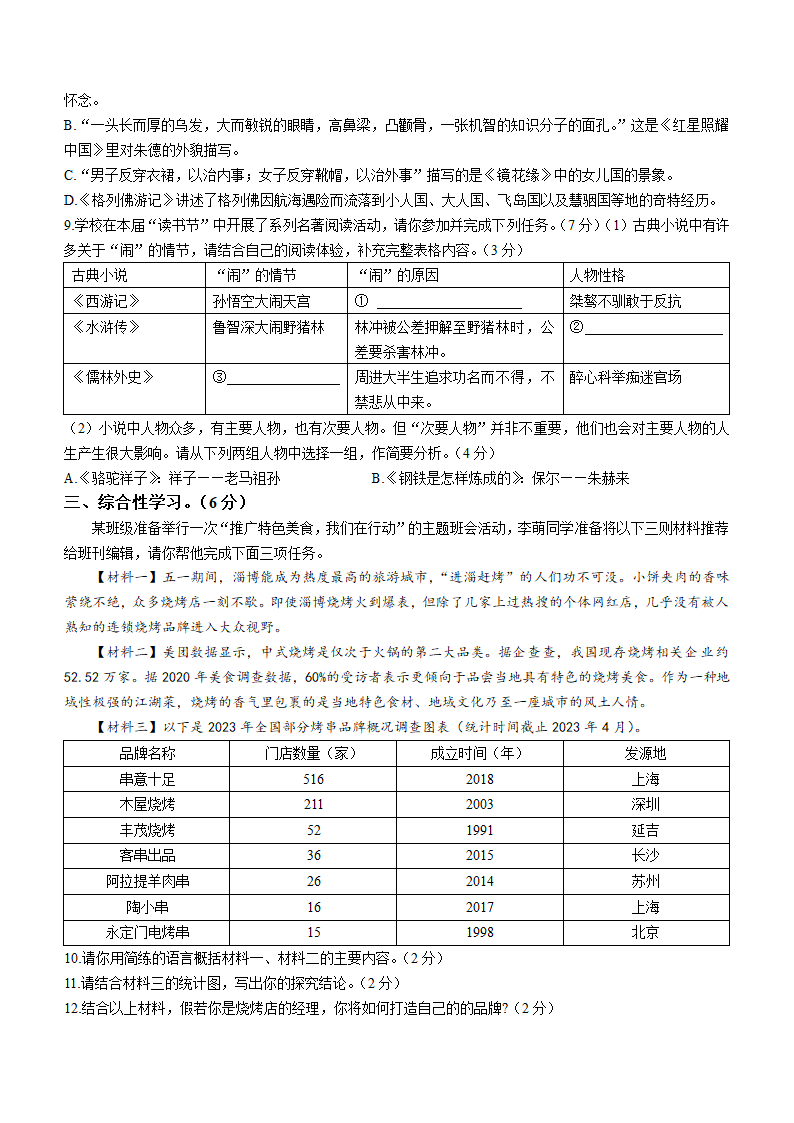 2023年山东省潍坊市潍城区中考二模语文试题（含答案）.doc第3页