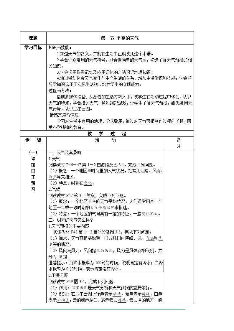 初中六年级上册地理学案---3.1 多变的天气.doc