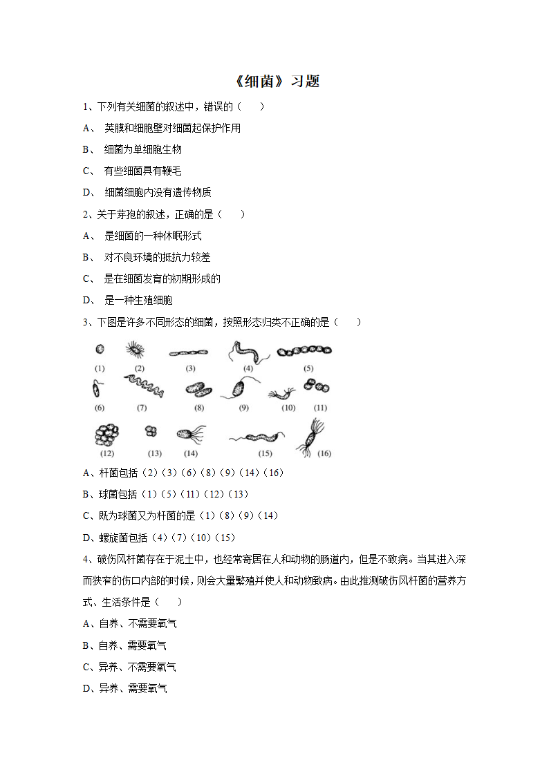 人教版生物八年级上册 5.4.2《细菌》习题（无答案）.doc第1页