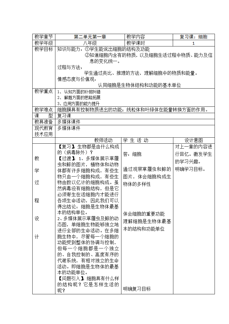 北师大版七年级生物上册第2单元第3章细胞复习课教学设计.doc第1页