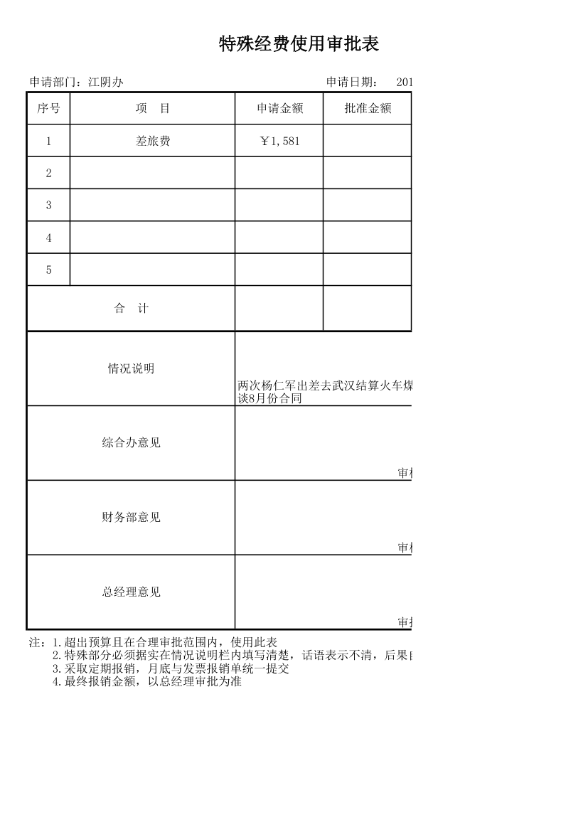 特殊经费审批表