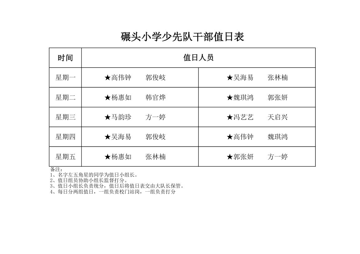 少先队值日表