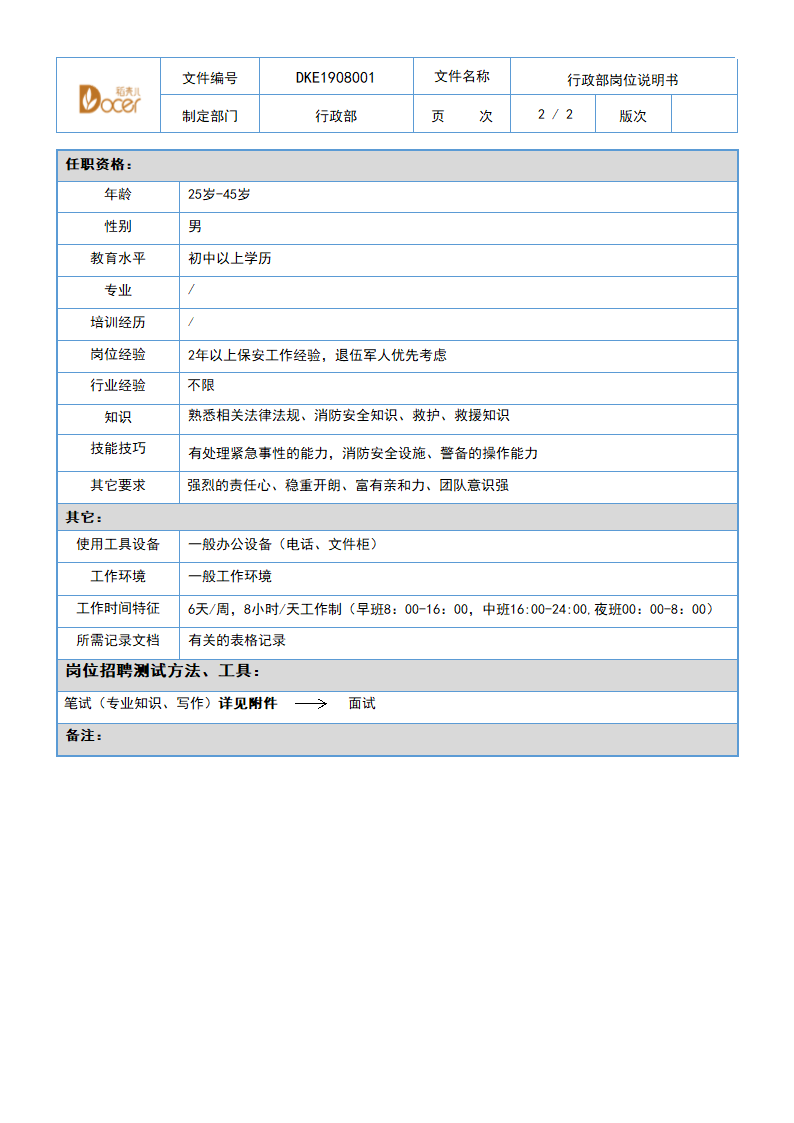 行政部岗位说明书-保安职员.docx第2页