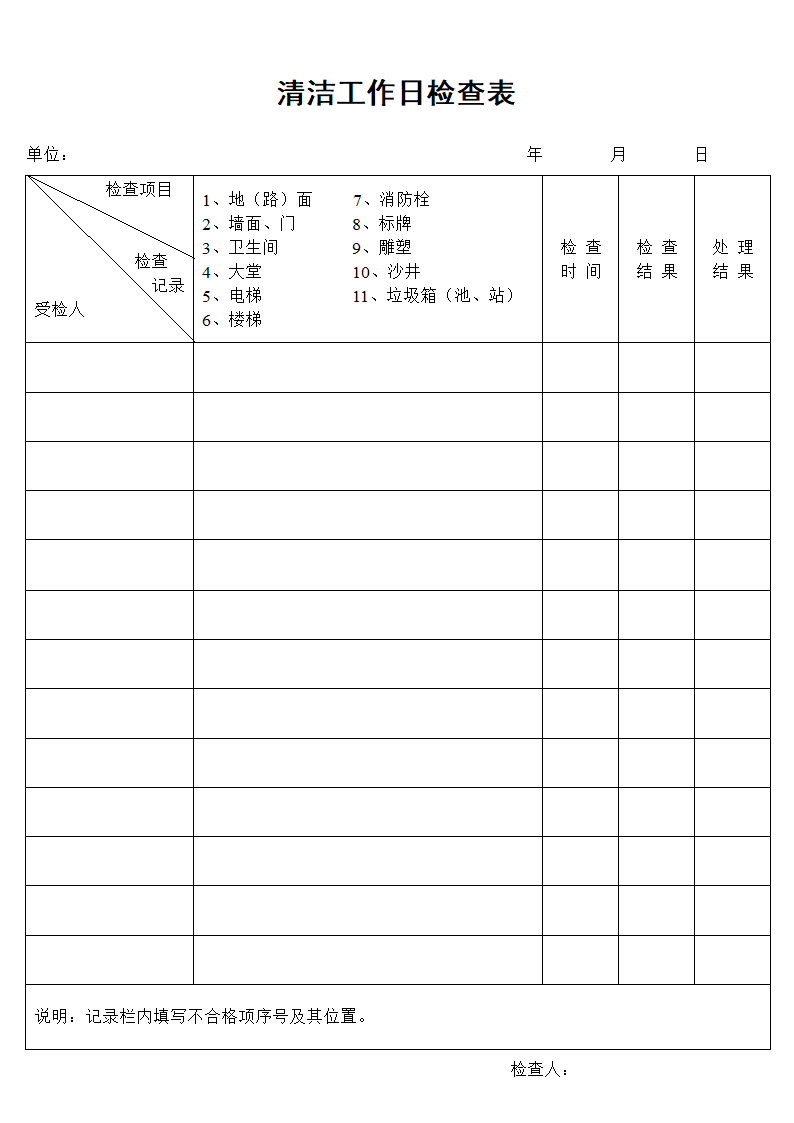 清洁工作日检查表