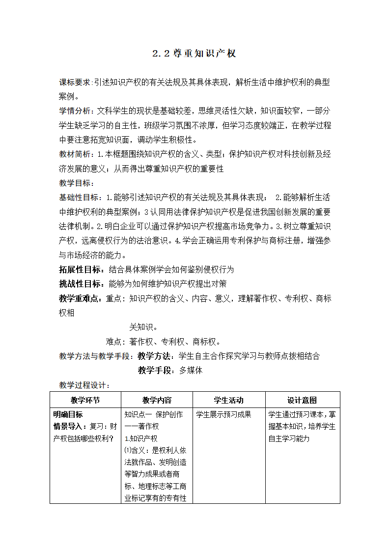 2.2 尊重知识产权 教案-2022-2023学年高中政治统编版选择性必修二法律与生活.doc