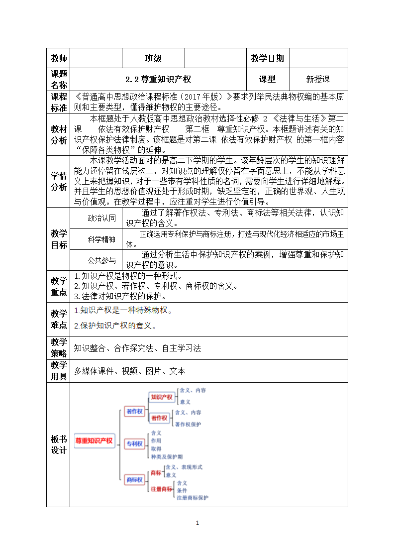 【核心素养目标】2.2尊重知识产权教学设计（表格式）高中思想政治统编版选择性必修2 法律与生活.doc