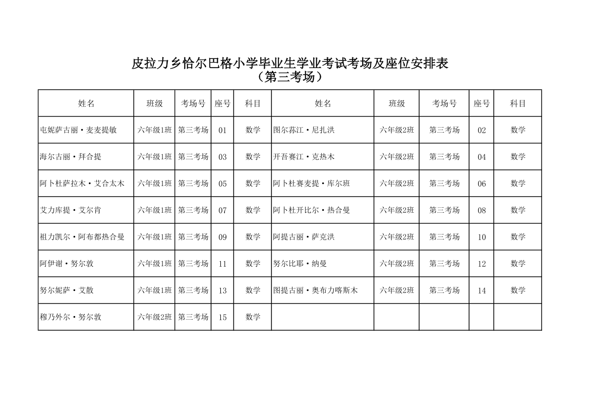 毕业生考场,座位安排表第3页